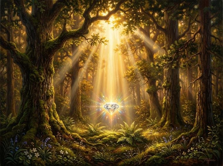 Raios de sol dourados atravessando a copa da floresta com diamante refratando luz