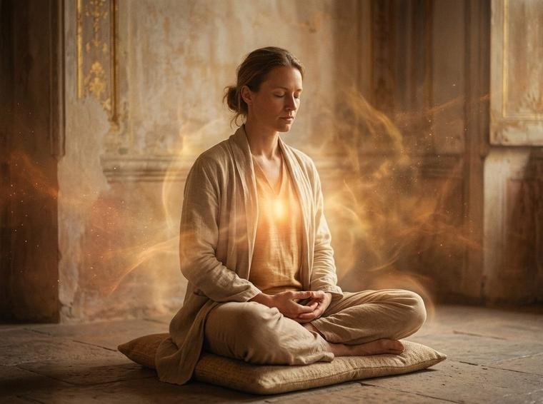 Pessoa em meditação silenciosa com luz dourada pura irradiando do coração