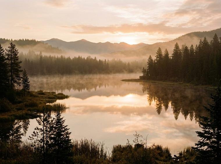 Lago espelhado ao amanhecer envolto em névoa dourada refletindo o silêncio perfeito
