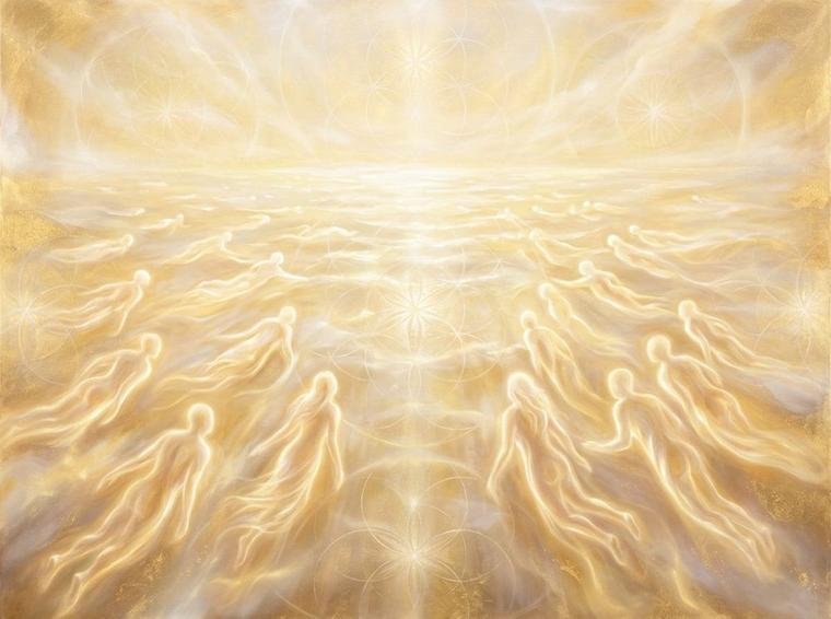 Visão etérea celestial de um oceano infinito de pura luz dourada e branca resplandecente
