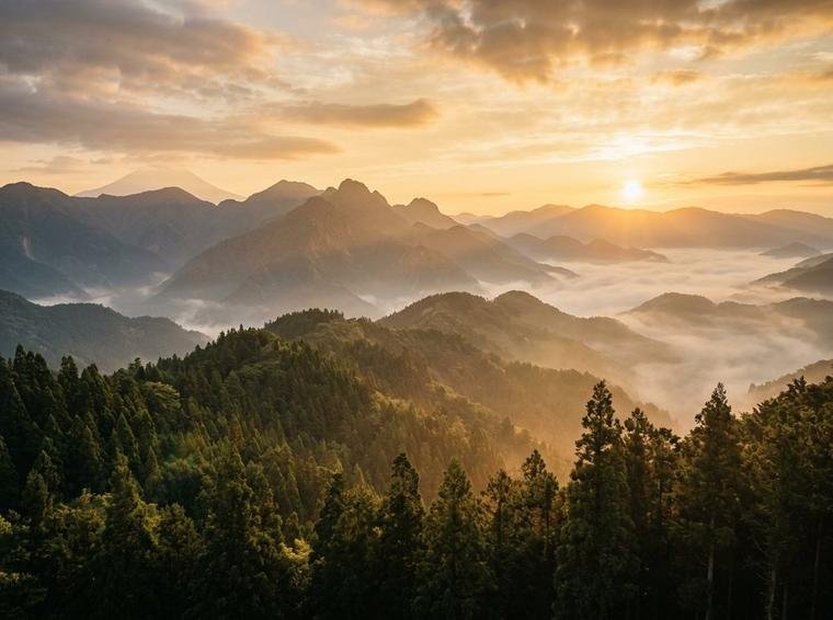 Nascer do sol radiante sobre montanhas místicas envoltas em névoa dourada suave