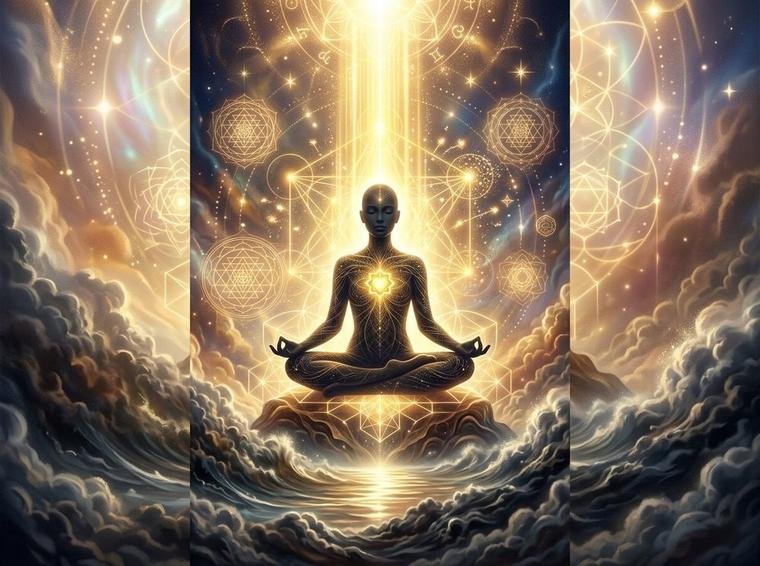 Silhueta serena em meditação com a mente turbulenta pacificada abaixo e luz sagrada descendo sobre o coração