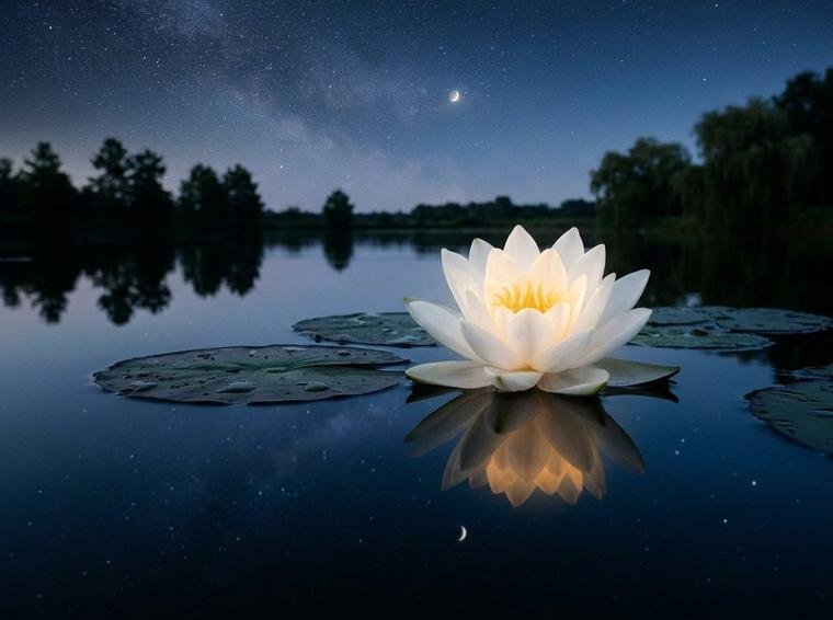 Flor de lótus branca luminosa flutuando serenamente sobre águas calmas e reflexivas ao entardecer sob céu estrelado